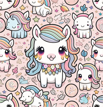 Set collection of cute kawaii style horses. Decorative bright colorful design elements in doodle Japanese style isolated on pink polka dot pattern background. Vector illustration.