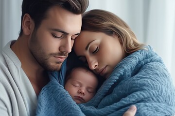 Fototapeta na wymiar Man and woman holding adorable baby wrapped in blue blanket. Generative AI