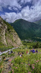 Fototapeta premium view of the glacier with a waterfall and a blooming meadow