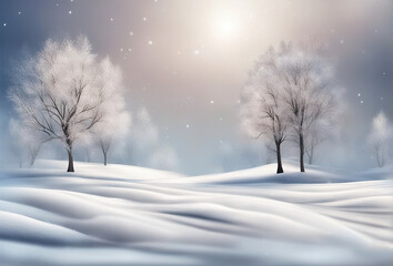 Winter view of falling snow and snow covered trees, festive magical winter background.
