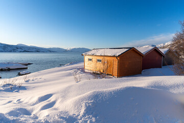 snowy landscape house in winter
