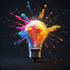 lampadina colorata con schizzi di colori sullo sfondo, creatività eureka ispirazione. Think differently creative idea concept. Brainstorm and think.