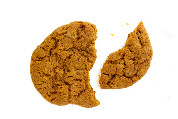 Close-up of homemade delicious ginger biscuit, a snack, isolated on a white background. Top view.