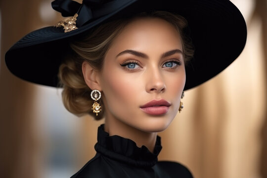 Beautiful woman with a fancy hat, earrings, fine jewelry, portrait