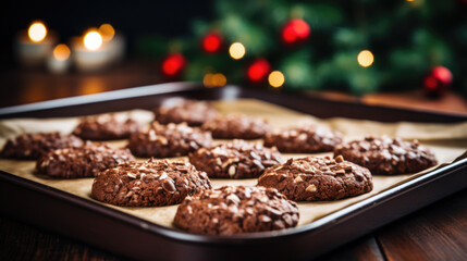Close up, Weihnachten, Schokoladen Haferflocken Plätzchen auf einem Backblech, Weihnachtsbäckerei...