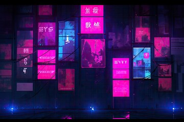Obraz premium Journey Through Time: 70s Nostalgia in a Dystopian Cyberpunk Universe with Magenta and Cyan