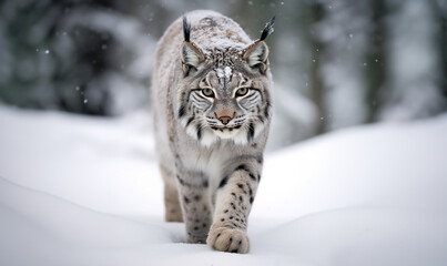 Obraz premium Lynx Winter Elegance: Wild Canadian Lynx Gracefully Treading Through Pristine Snow. 