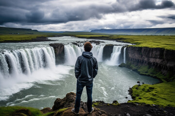 Person vor einem Wasserfall