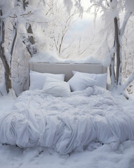 Fototapeta na wymiar A snow-white bed outside adorned with fluffy pillows. Bed, pillows and pillows in the snow evoking comfort and tranquility in a serene winter retreat.
