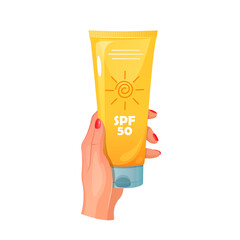 A woman hand holding a tube of sunscreen cream.
Skin care concept.