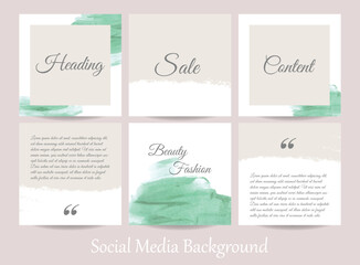 Minimal abstract social media story post feed background, and web banner template. Green pastel watercolor vector texture frame mock-up of beauty, jewelry, cosmetics, care, wedding, makeup