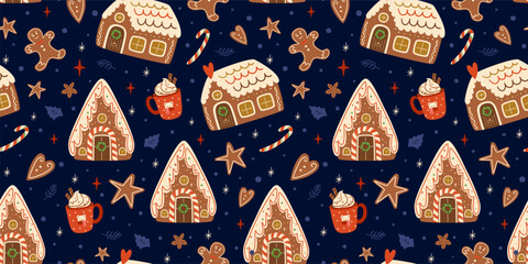 Materiał do szycia Christmas gingerbread houses seamless patterns on dark blue repeat background. Cute gingerbread cookies. Vector winter print. Christmas repeating texture, surface design, wallpaper, fabric, wrap paper