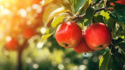 Vibrant red apples on tree branch symbolize growth, freshness, and healthy eating. Outdoor sunny day background with copy space.
