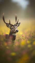 Vertical illustration of deer stag in the beautiful blooming field. Wild flowers outdoor nature background. Mobile splash screen template.