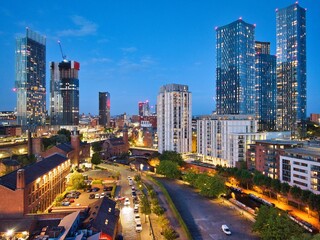 Aerial photo of Manchester skyscrapers and new development taken from Castlefield, showing the...