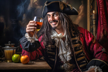 Pirate captain smiling and holding a glass, drinking