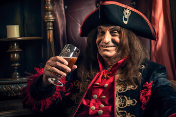 Pirate captain smiling and holding a glass, drinking