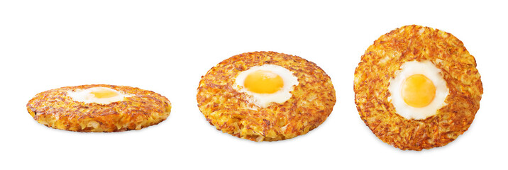 Hash Brown egg nests on a white isolated background