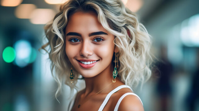 Young adult woman or teenager, blonde hair, multiethnic Caucasian multiracial, 21 years old, wearing white tank top, curly hair, fictional location