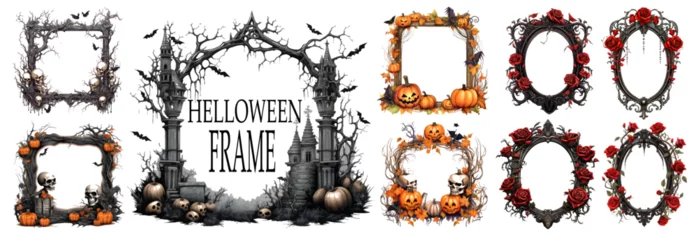 Fototapeten Halloween frames set with silhouettes of pumpkins, bats, spiderweb, tree branches. Wooden planks in dust and spider web, witch hat, cauldron Halloween cartoon frames isolated vector illustration © Mark
