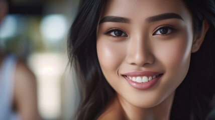 Fototapeta premium young adult multiracial woman black hair, friendly beautiful smile, good mood in the day, fictional location