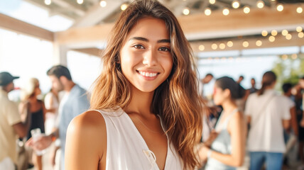 Caucasian young adult woman with brunette light brown hair wearing elegant evening dress at a party or family fete or on vacation at the hotel complex or fundraiser or fictional place