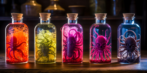 Halloween potion bottles, scary skulls, interior home decor, tabletop display, seasonal decorations