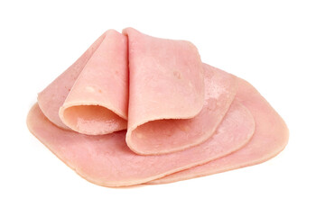 Sliced boiled ham sausage, isolated on white background.
