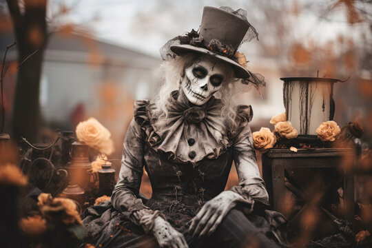 Halloween skeleton woman, decaying, outdoor