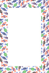 Watercolor frame border mock up with lots of different halloween party candies in orange, black, violet colors.Copy space in the middle.Isolated element for print cards, invitations
