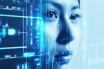 Abstraktes Biometrie Technologie Konzept, futuristische digitale Gesichtserkennung einer Frau, wei&szlig; und blau