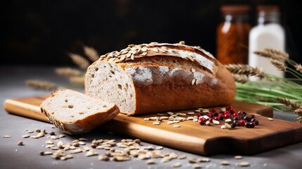 A loaf of sliced oval bread with oats and flax seeds on the wooden board with dark black background, side view