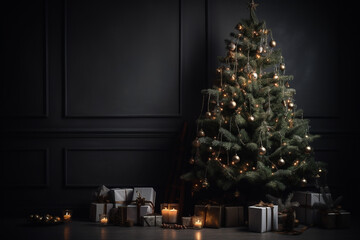 Christmas tree with gifts in a beautiful interior in dark colors, lots of background, space for text. Image generated by AI