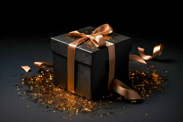 a black gift box with a gold ribbon on a black background. Black friday