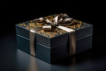a black gift box with a gold ribbon on a black background. Black friday