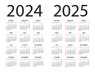 Calendar 2024, 2025 - illustration. Week starts on Sunday. Calendar Set for 2024, 2025 years