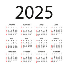 Calendar 2025 - illustration. Week starts on Sunday. Calendar Set for 2025 year