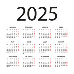 Calendar 2025 - illustration. Week starts on Monday. Calendar Set for 2025 year