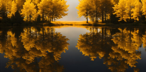 Golden trees reflected in lake on black sky background. Modern canvas art with golden yellow forest on dark background. Mural wallpaper landscape. Golden tree walpaper. Ai generative.