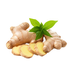 Fresh Close up ginger rhizome with sliced and green leaves isolated on white background. png file