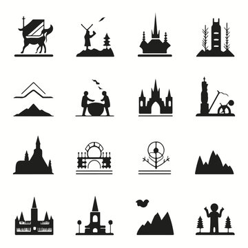 Minimalist flat vector beautiful set of tourism icons and silhouettes. black and white. ui. UX. Linux. by Adrian Tomine.