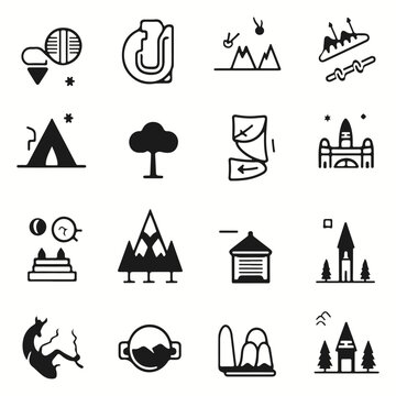 Minimalist flat vector beautiful set of tourism icons and silhouettes. black and white. ui. UX. Linux. by Adrian Tomine.