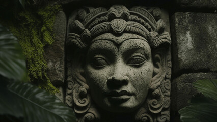 Fototapeta na wymiar Mayan Ruins, Stone Face, Macro, Generative Ai.