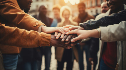 Community Unity: A diverse group of Christians joining hands in a circle, signifying the unity and support found within a strong Christian community  - obrazy, fototapety, plakaty