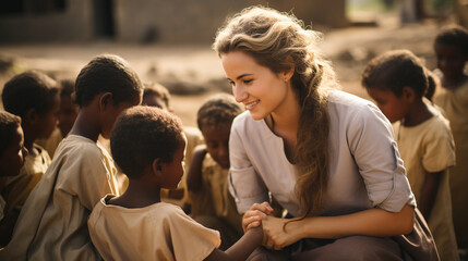 Missionary Compassion: A missionary providing care and support to children in an underprivileged area, reflecting the selfless giving and love that many Christians bring to global 