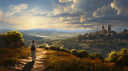 Sacred Journey: A pilgrim walking the path of a famous Christian pilgrimage, surrounded by beautiful landscapes and historical religious sites