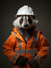 An Anthropomorphic Badger Dressed Up Like a Construction Worker Wearing a Vest and a Hard Hat
