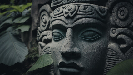 Fototapeta na wymiar Mayan Ruins, Stone Face, Macro, Generative Ai.
