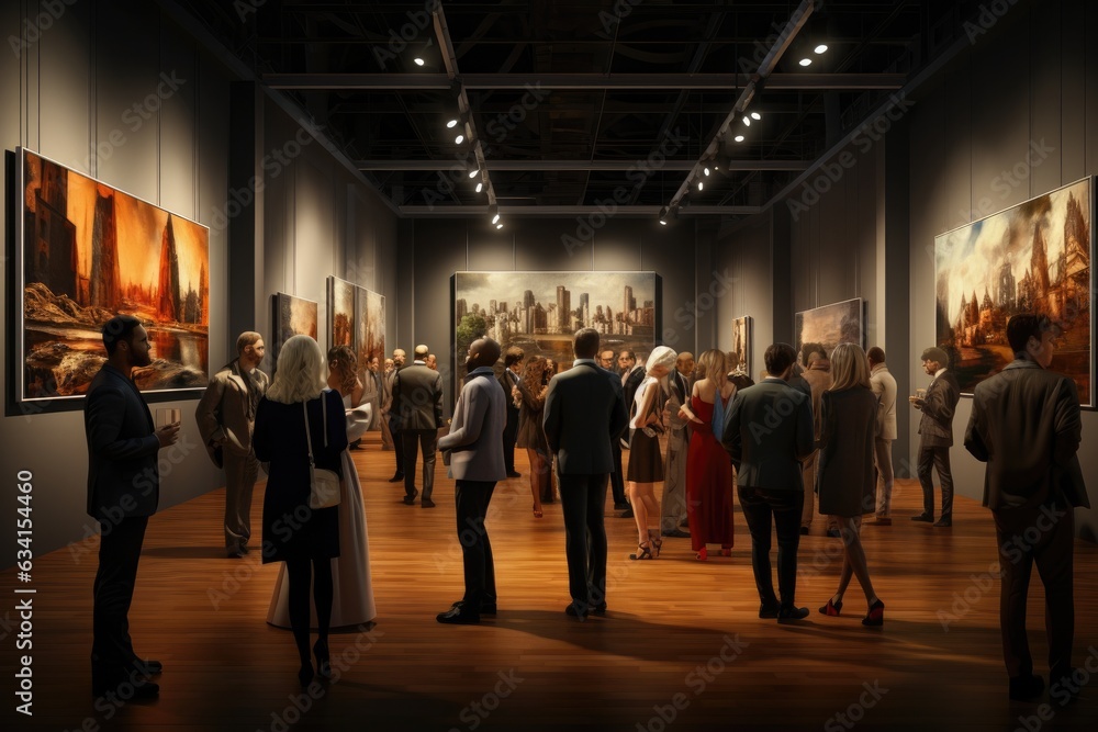 Wall mural Group of people attend an art gallery with paintings