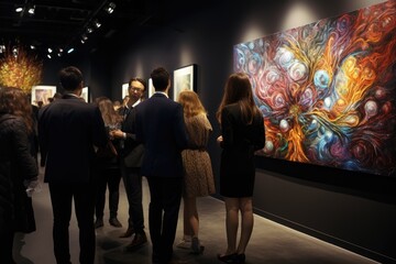 Group of people attend an art gallery with paintings - obrazy, fototapety, plakaty